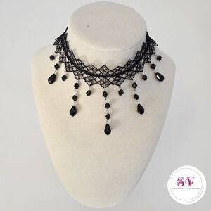 Black Lace Choker with Dangle Decor